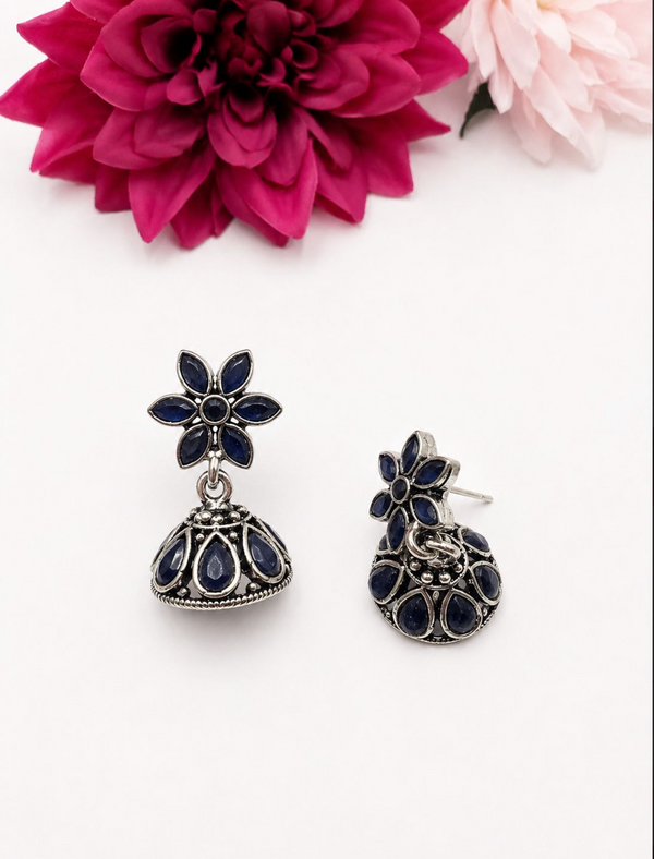 Midnight Bloom Oxidized Jhumka Earrings – Blue Stone Ethnic Statement Earrings