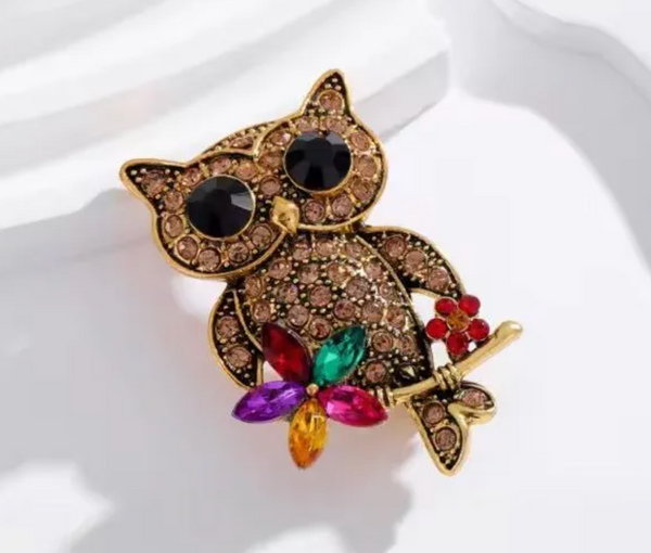 Colorful Crystal Owl Brooch