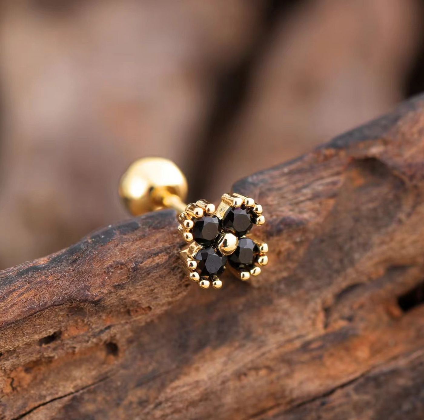 Black Crystal Flower Stud Earrings – Elegant Gold-Plated Floral Earrings