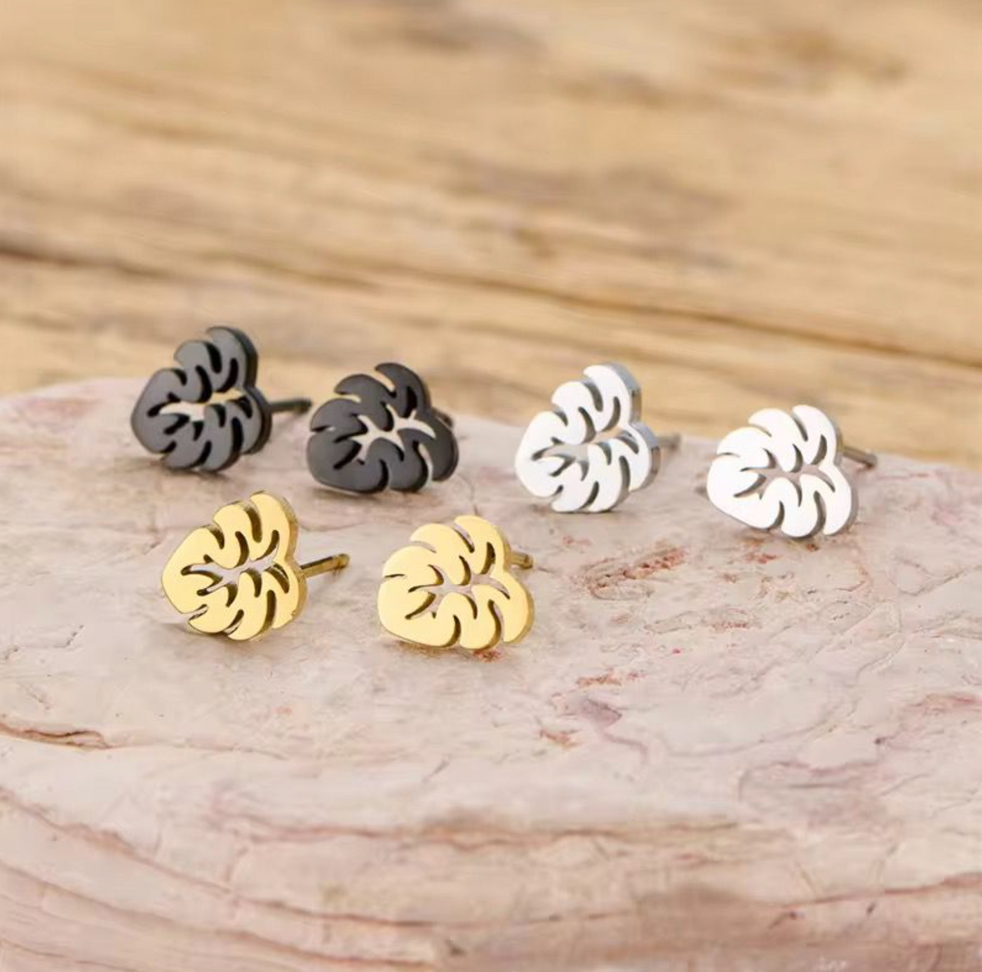 Tropical Leaf Stud Earrings – Minimalist Monstera Stainless Steel Earrings