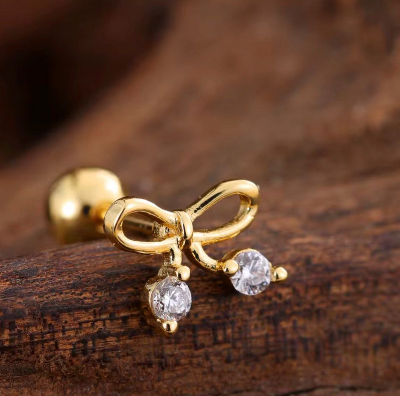Crystal Bow Stud Earring – Gold-Plated Ribbon Knot Cartilage & Lobe Piercing Jewelry