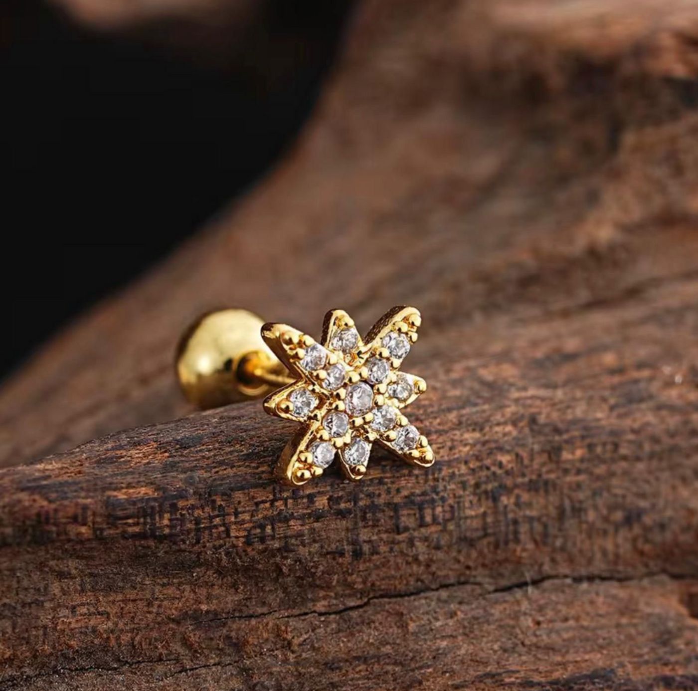 Crystal Starburst Stud Earring – Gold-Plated Celestial Cartilage & Helix Piercing Jewelry