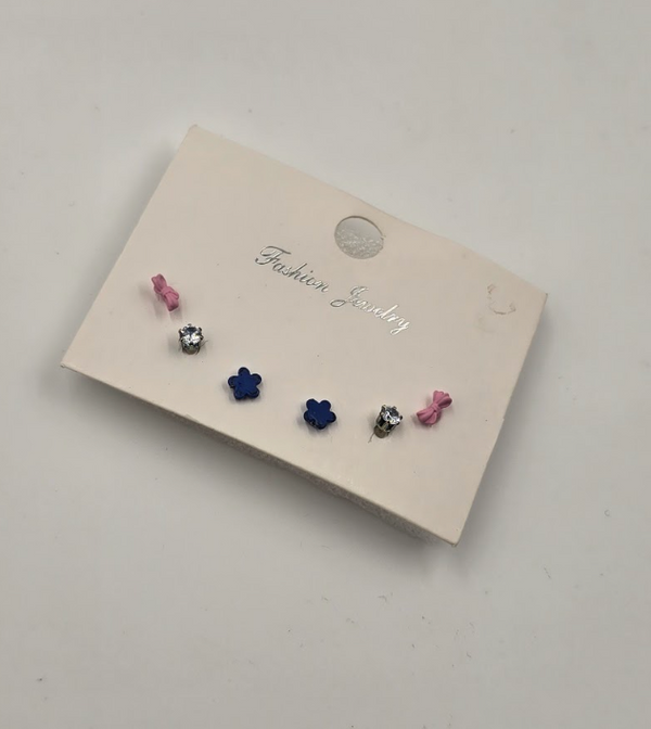 Cute Bow, Crystal & Blue Flower Stud Earrings Set – 3 Pairs