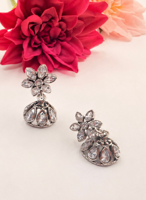Silver-Tone Crystal Flower Jhumki Earrings