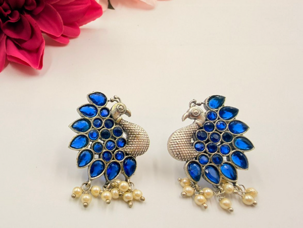 Royal Blue Peacock Oxidised Pearl Earrings