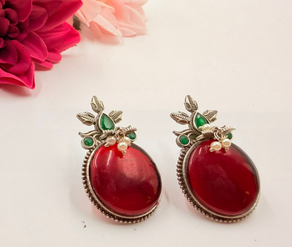 Cherry Red Stone Pearl Oxidised Earrings