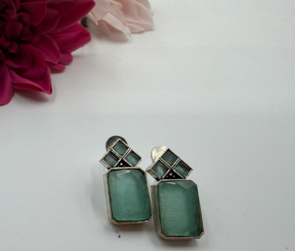 Mint Green Geometric Oxidised Stud Earrings
