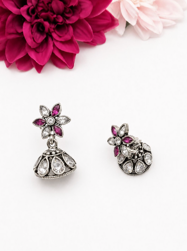 Pink & White Crystal Flower Oxidised Jhumkas