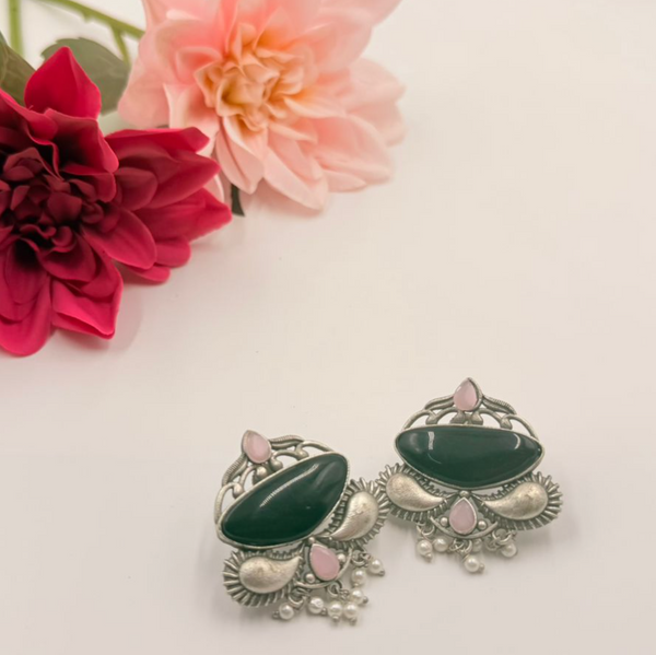 Oxidised Green Stone & Pink Accent Pearl Dangler Earrings