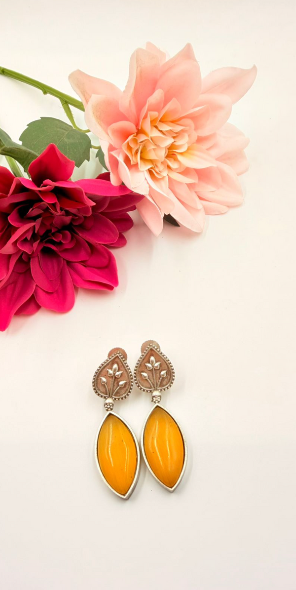 Floral Yellow Stone Long Dangle Earrings