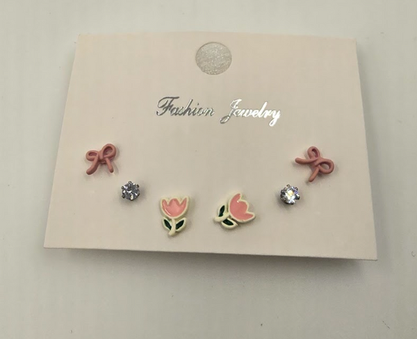 Cute Floral & Bow Stud Earrings Set – 3 Pairs