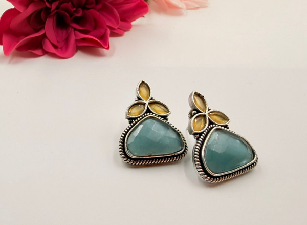 Aqua Blue & Champagne Stone Oxidised Stud Earrings