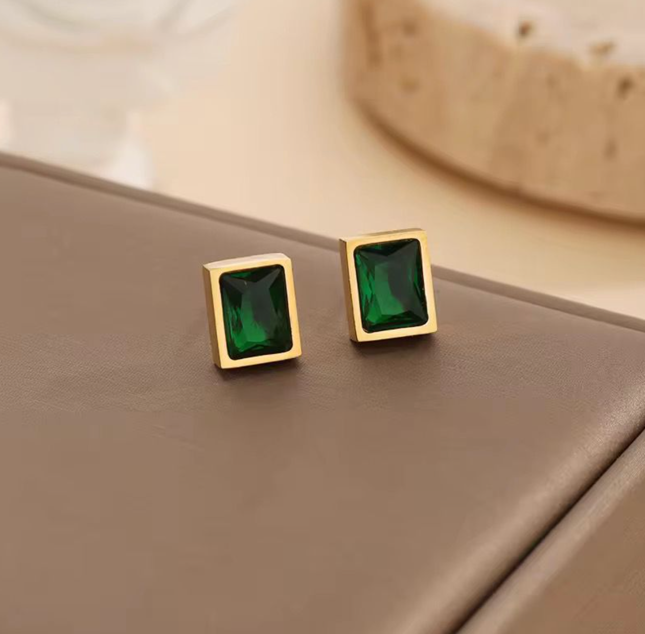 Emerald Green Rectangle Stud Earrings | Gold-Plated Minimalist Crystal Earrings for Women