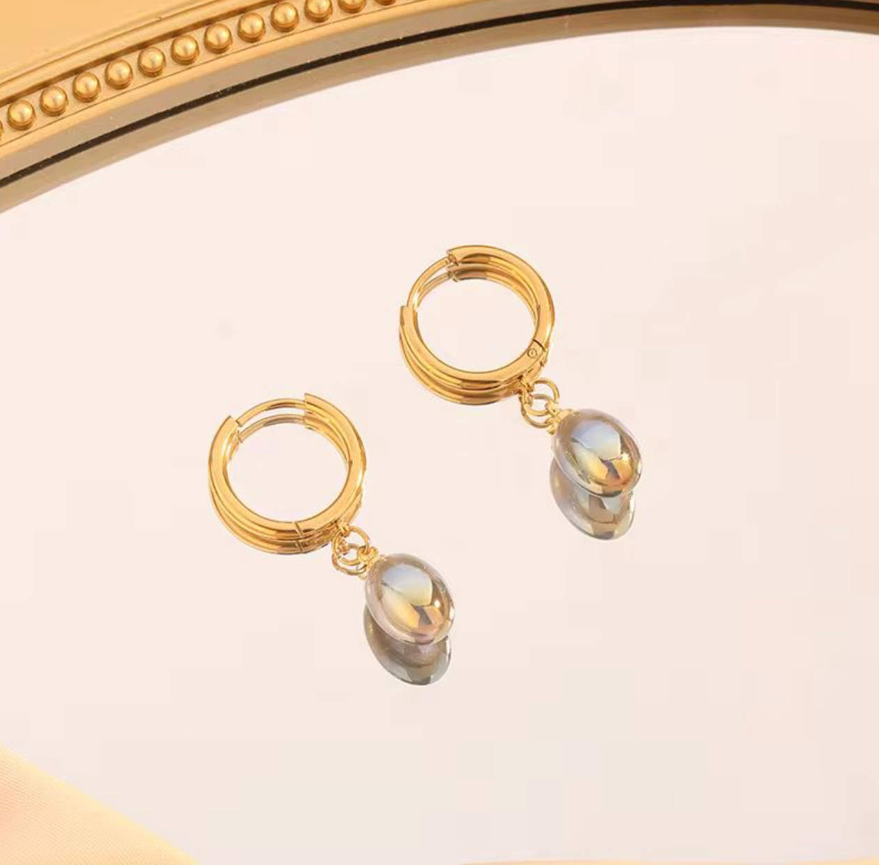 Gold Hoop Earrings with Grey Pearl Drop | Minimalist Huggie Earrings for Women