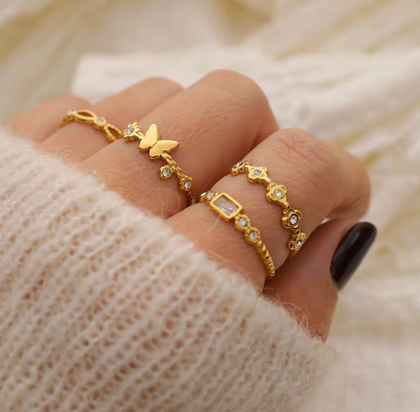 Gold Dainty Crystal Ring Set | Butterfly, Floral & Geometric Stackable Rings for Women