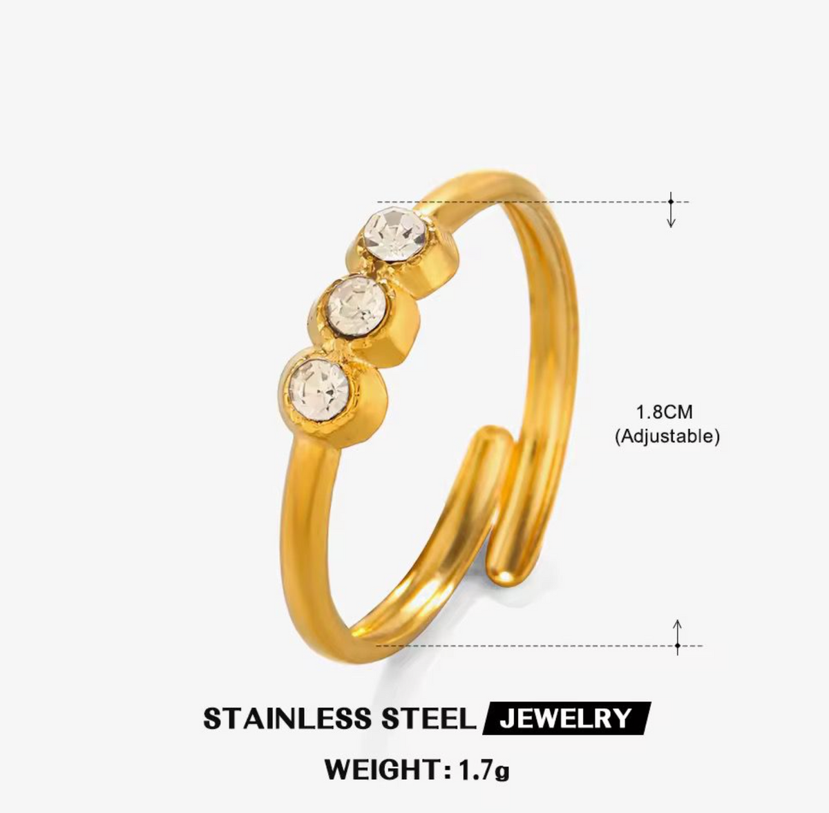 Minimalist Triple Crystal Adjustable Gold Ring | Dainty Open Band Ring for Women