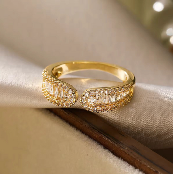 Luxury Double Halo Adjustable Gold Ring | Baguette CZ Open Band Ring for Women