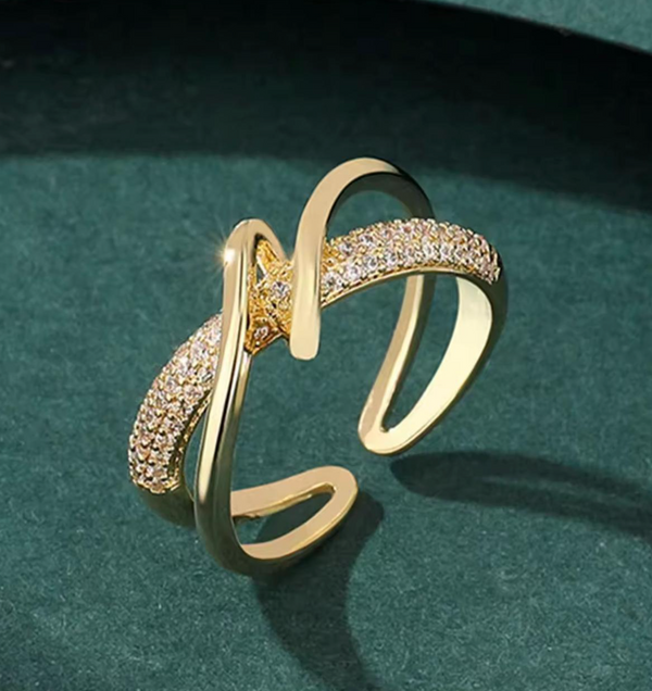 Luxury Criss Cross Pave Adjustable Ring – 18K Gold Plated Stainless Steel Open Ring | Cubic Zirconia