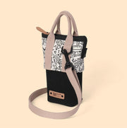Doodle Print Canvas Bottle Bag - Black