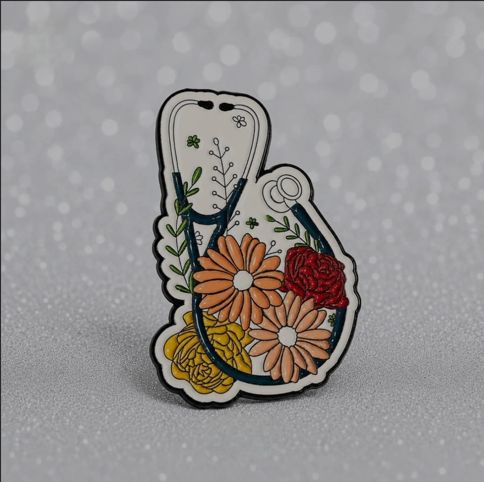 Floral Stethoscope Enamel Brooch Pin