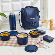 Amazon Brand - Solimo Stainless Steel Lunch Box Set (Office, School & Travel) | 3 Microwavable Containers (250ml, 400ml, 600ml), 750ml Steel Bottle, 100ml Chutney Box, Cutlery & Carry Bag – Blue