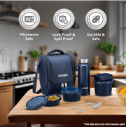 Amazon Brand - Solimo Stainless Steel Lunch Box Set (Office, School & Travel) | 3 Microwavable Containers (250ml, 400ml, 600ml), 750ml Steel Bottle, 100ml Chutney Box, Cutlery & Carry Bag – Blue
