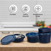 Amazon Brand - Solimo Stainless Steel Lunch Box Set (Office, School & Travel) | 3 Microwavable Containers (250ml, 400ml, 600ml), 750ml Steel Bottle, 100ml Chutney Box, Cutlery & Carry Bag – Blue