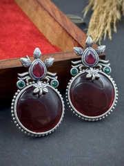 Silver-Plated Artificial Stones Studded Oxidised Contemporary Drop Earrings