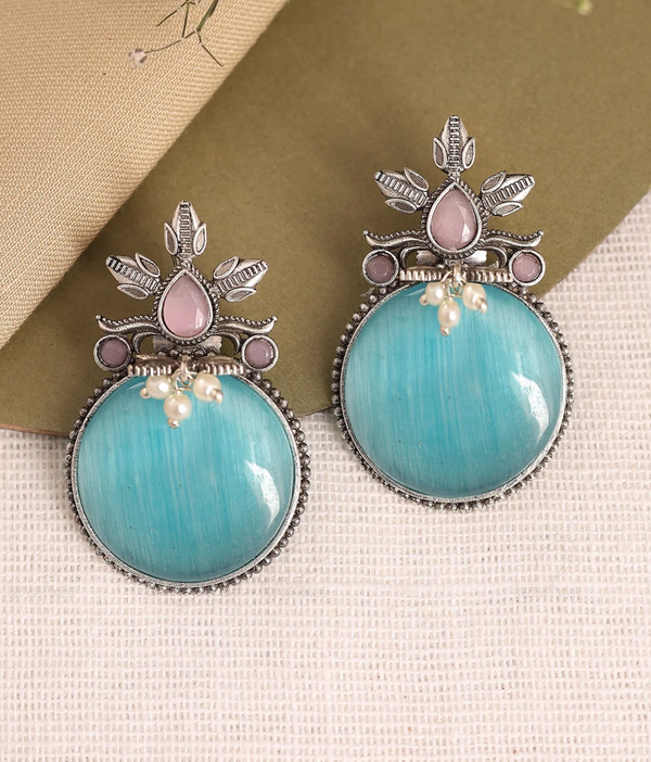 Olive Pearl & Stone Stud Earrings – Oxidized Silver Ethnic Statement Earrings