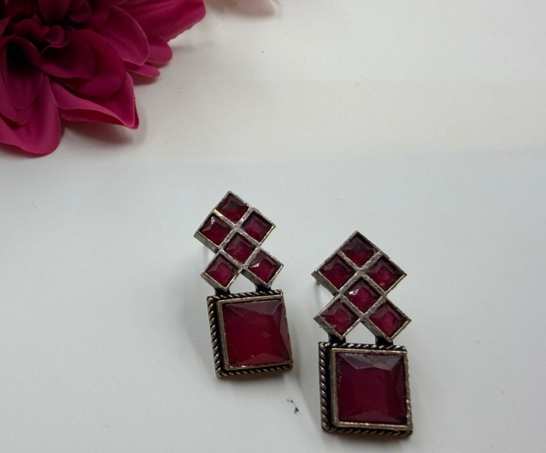 Dazzle Squared: Vibrant Oxidised Stone Studded Earrings