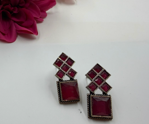 Dazzle Squared: Vibrant Oxidised Stone Studded Earrings