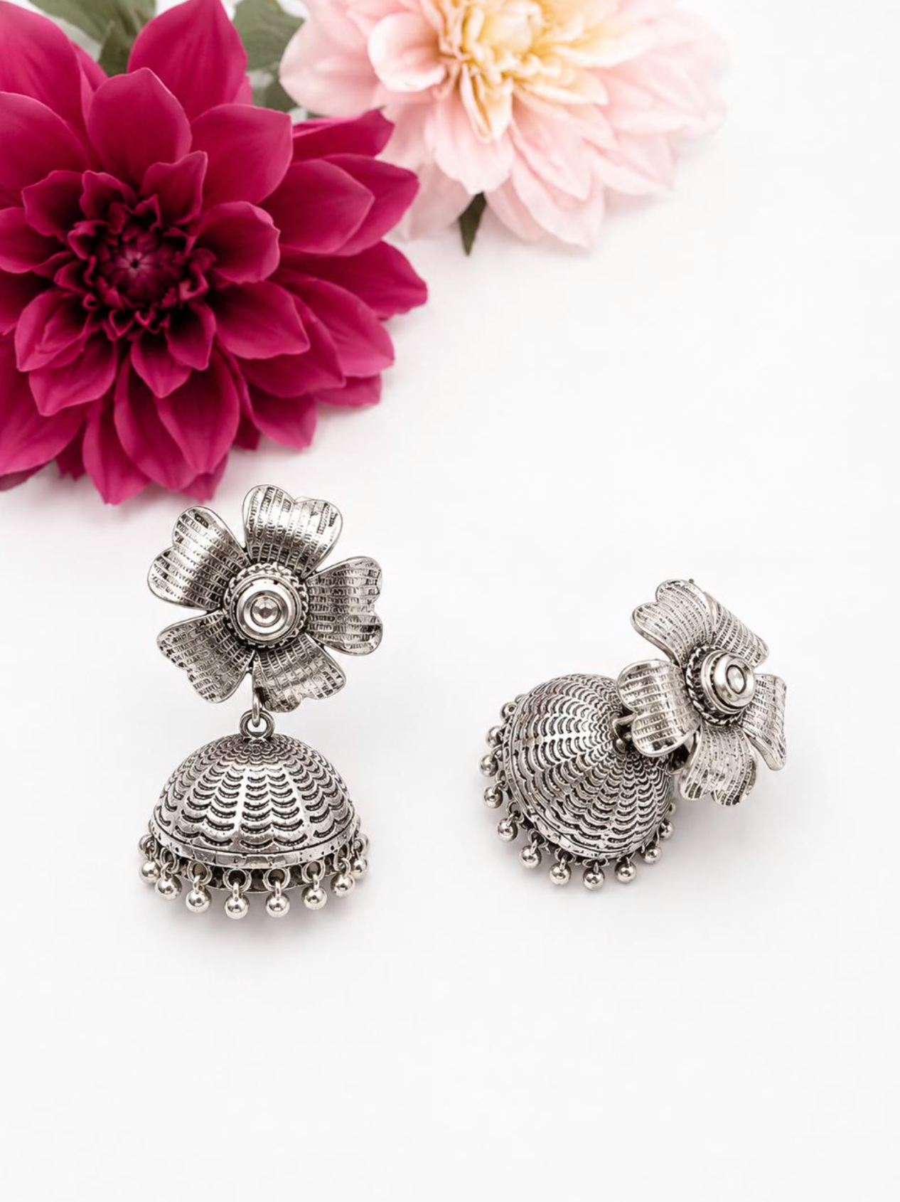 Traditional Oxidised Floral Drop Earrings