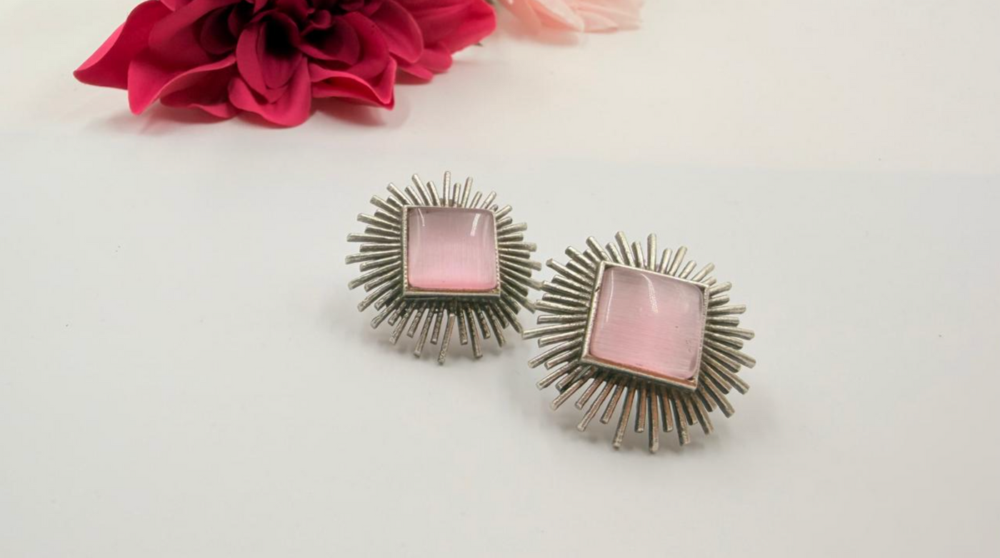 Pink Sunburst Stone Stud Earrings