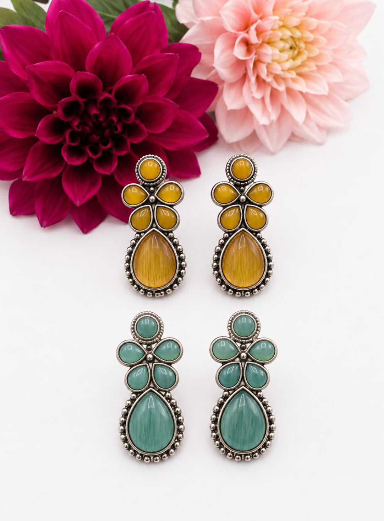 Statement Floral Teardrop Earrings with Cabochon Stones