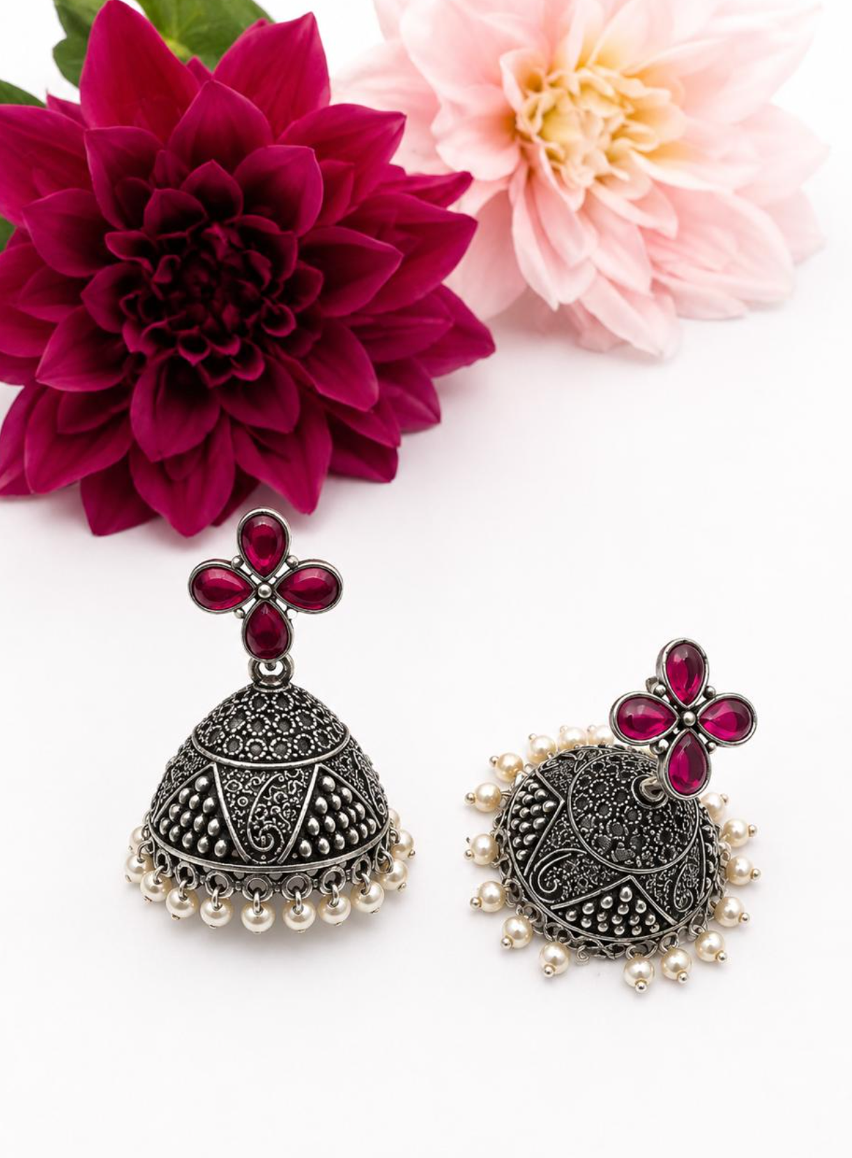 Ruby Bloom Oxidised Jhumka Earrings