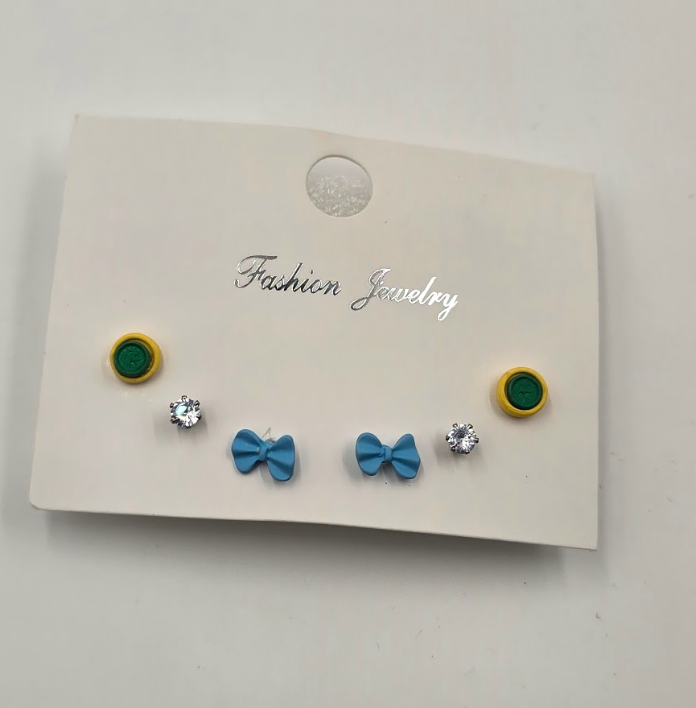 Cute Bow, Crystal & Button Stud Earrings Set – 3 Pairs