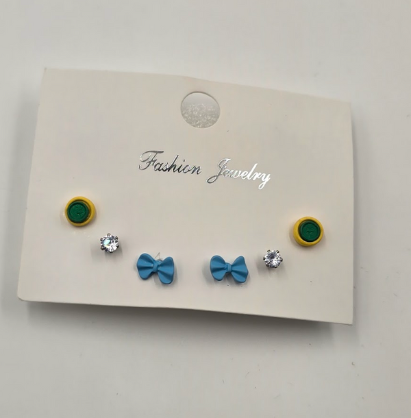 Cute Bow, Crystal & Button Stud Earrings Set – 3 Pairs