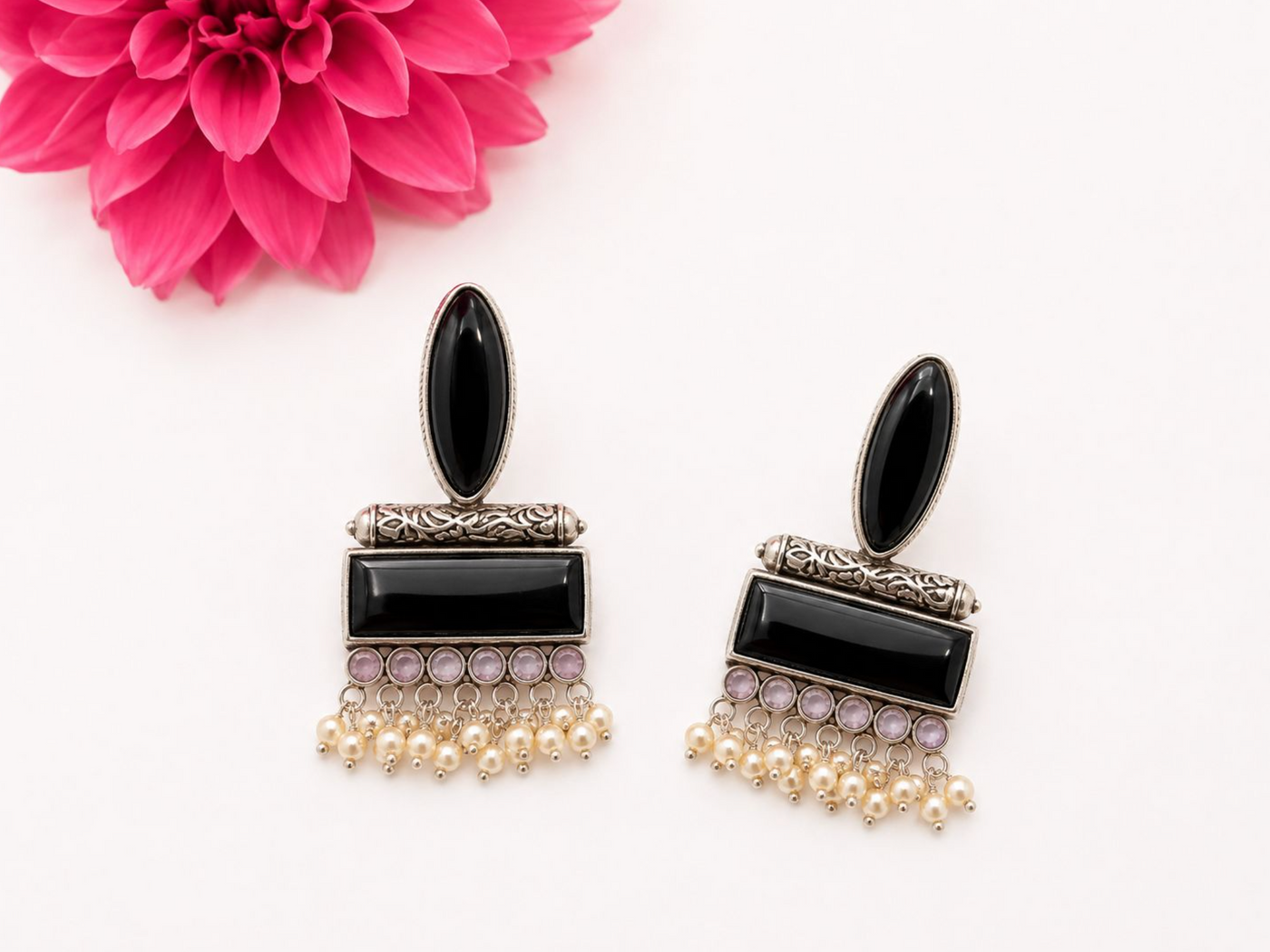 Black Onyx Pearl Tassel Oxidised Statement Earrings