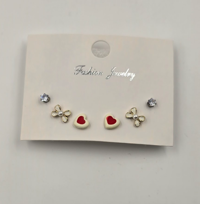 Cute Heart, Crystal & Floral Stud Earrings Set – 3 Pairs