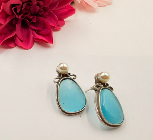 Sky Blue Pearl Oxidised Statement Earrings