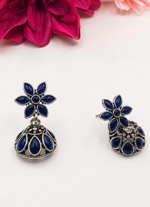 Sapphire Blue Stone Oxidised Jhumki Earrings