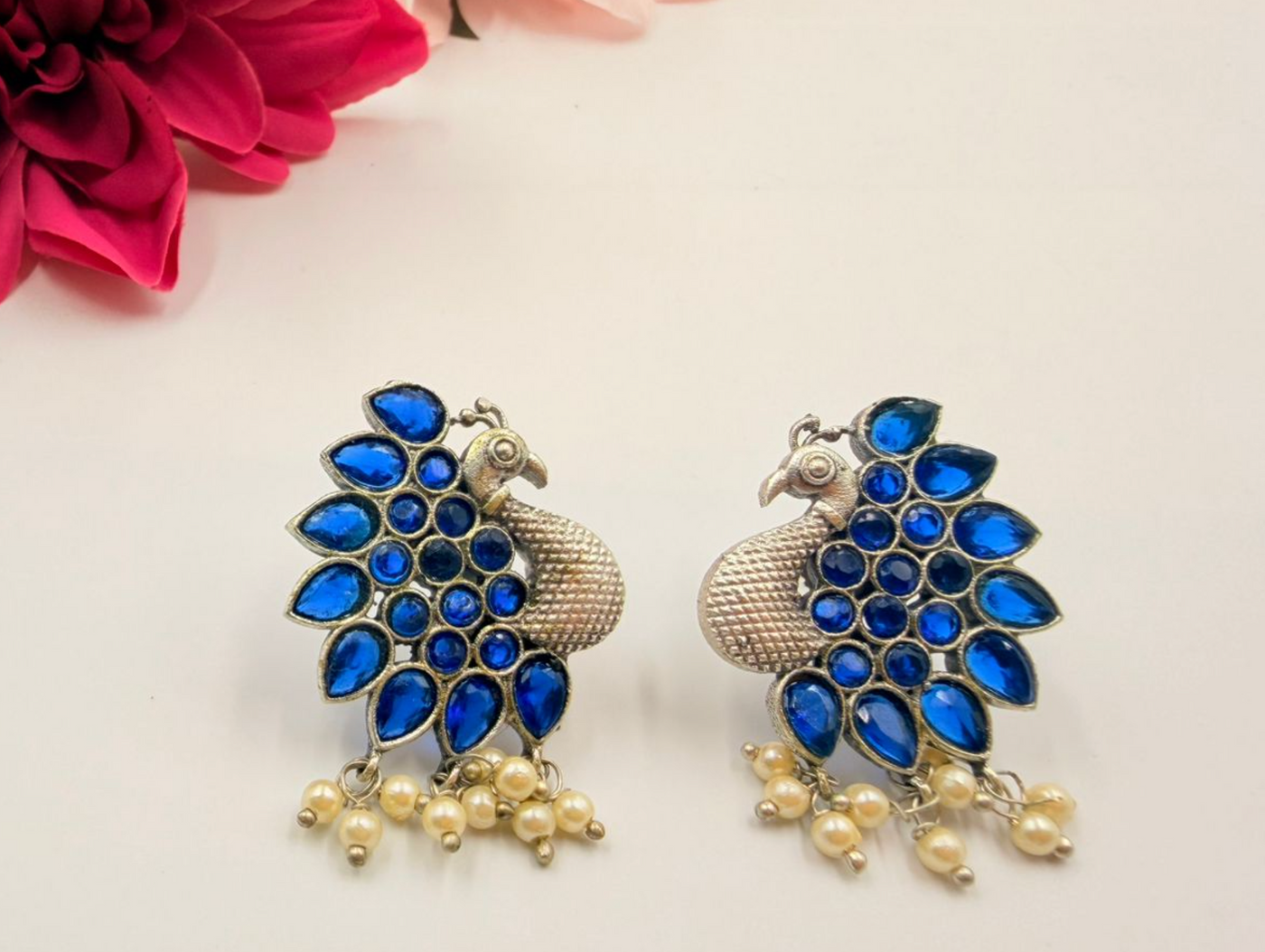 Royal Blue Peacock Oxidised Pearl Earrings