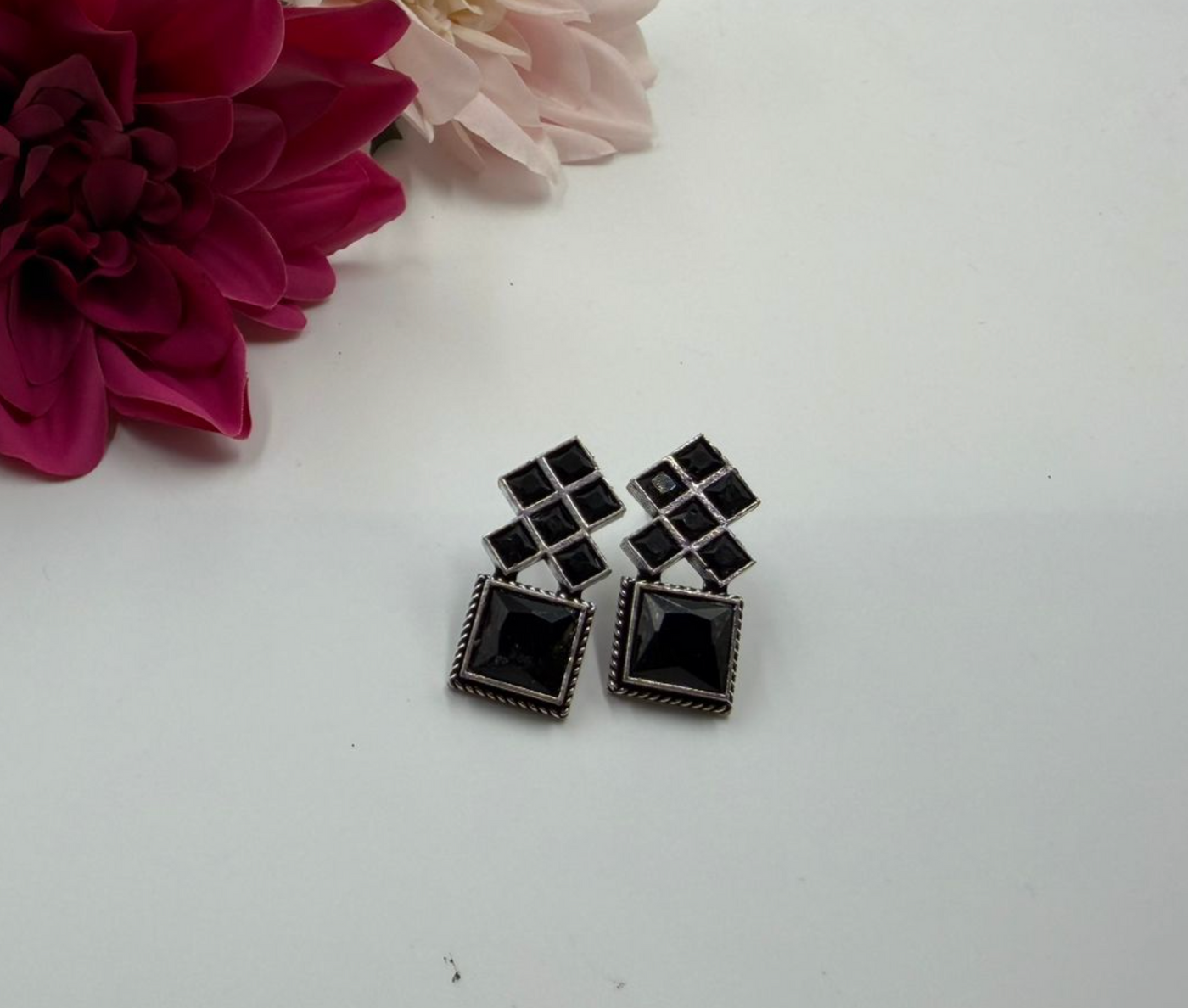 Modern Black Stone Square Stud Earrings