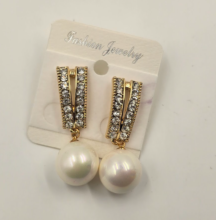 Gold-Tone Pearl Drop Rhinestone Statement Earrings