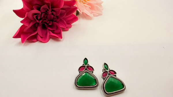 Vintage Oxidised Green and Pink Stone Statement Stud Earrings