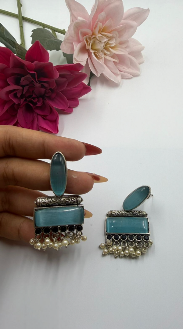 Sky Blue Oxidised Pearl Drop Statement Earrings