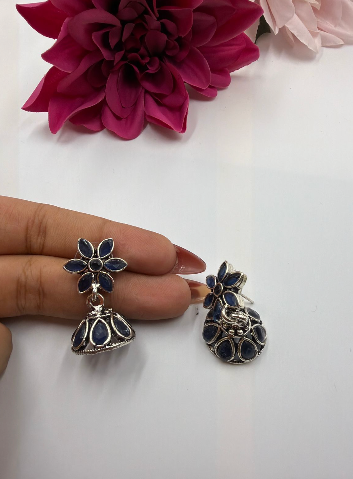 Ethnic Blue Floral Oxidised Bell Earrings