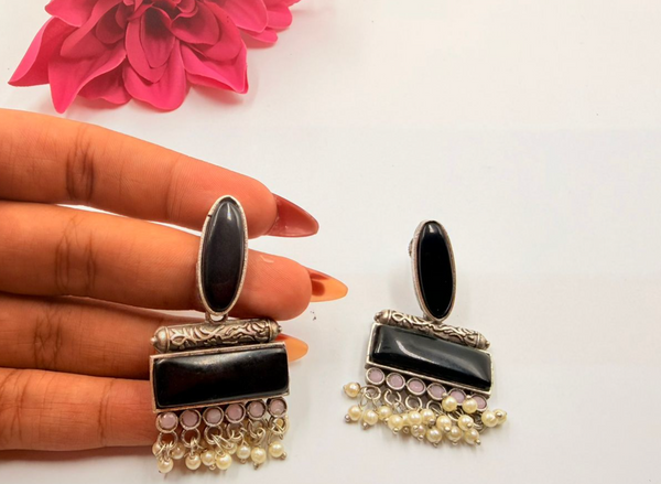 Handcrafted Oxidised Black Stone & Pearl Drop Earrings