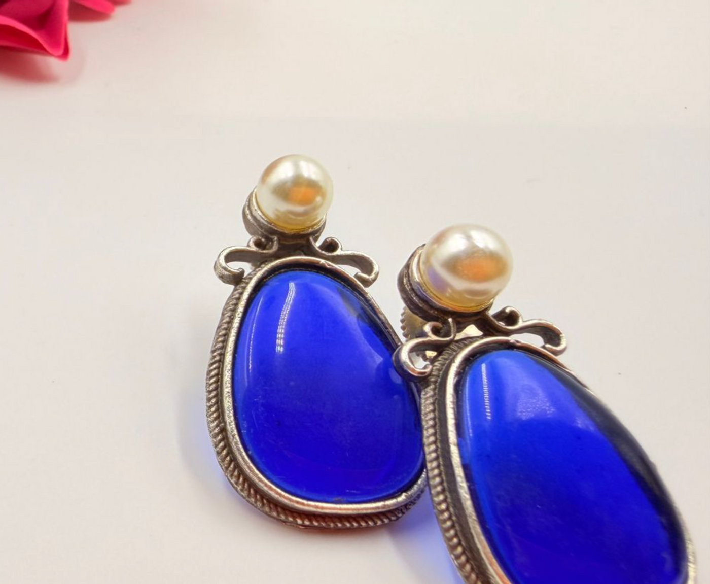 Royal Blue Pearl Oxidised Statement Earrings