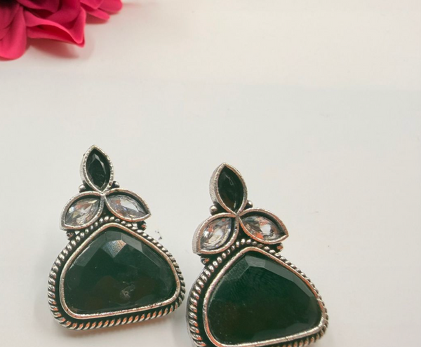 Ethnic Green Stone Floral Oxidised Earrings for Women